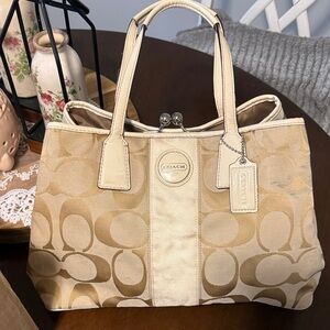 Coach Beige Signature Canvas Tote with Leather Trim